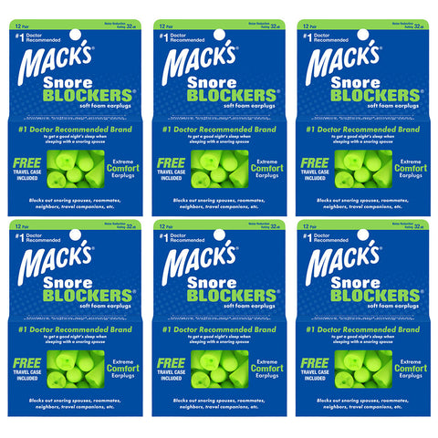 Macks Snore Blockers 12 Pair Travel Case Pack of 6 Foam Earplugs NRR32