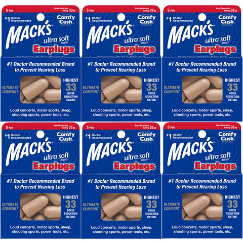 Macks Ultra Soft Foam Earplugs 6 Pack of 5 Pair Comfy Cush Foam NRR 33