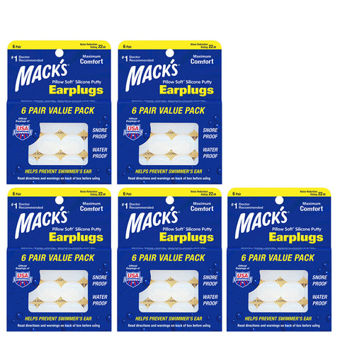 MACKS Pillow Soft Silicone Putty Earplugs 6 Pair Moldable Sleep Swim Pack of 5