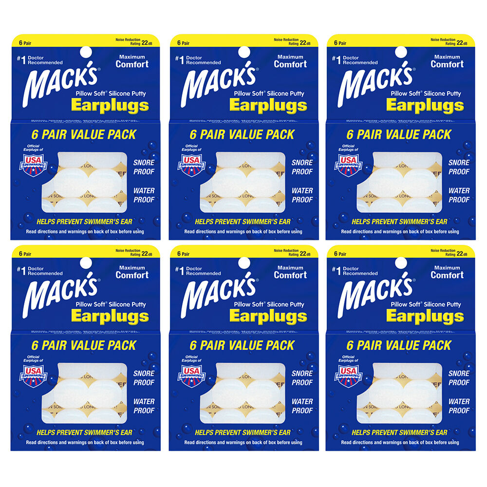 MACKS Pillow Soft Silicone Putty Earplugs 6 Pair Moldable Reusable Swim Sleep