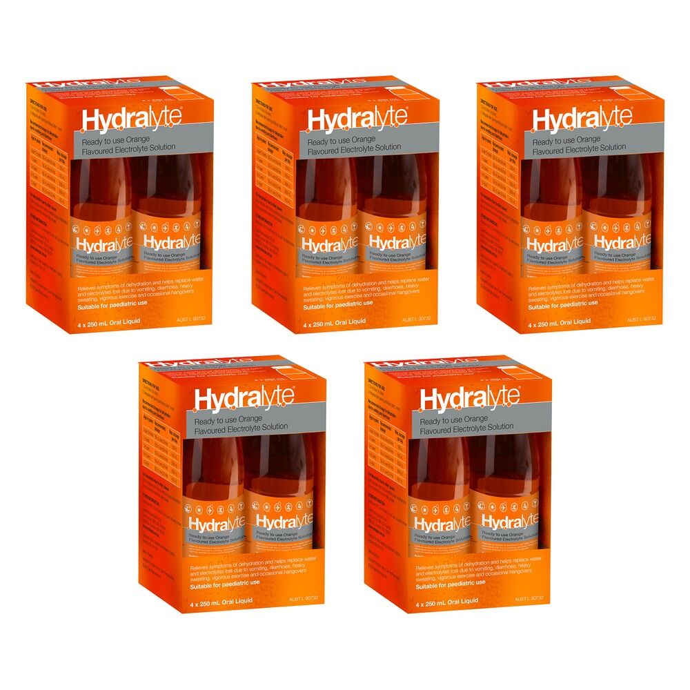 Hydralyte Orange Flavoured Electrolyte Solution 4 Pack Bundle of 5