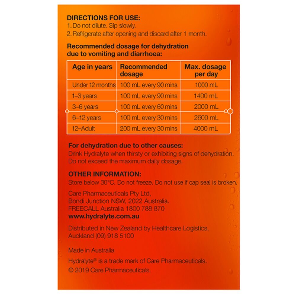 Hydralyte Orange Flavoured Electrolyte Solution 4 Pack