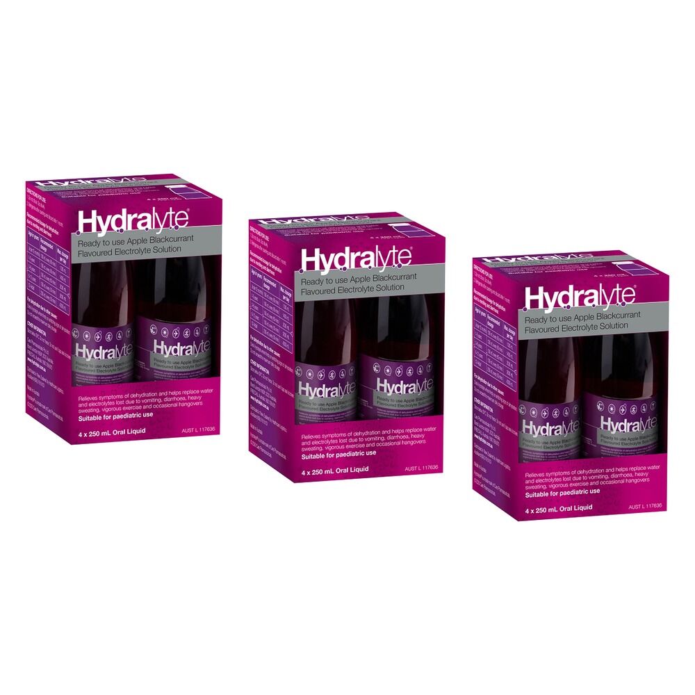 Hydralyte Apple Blackcurrant Flavoured Electrolyte Solution 4 Pack Bundle of 3