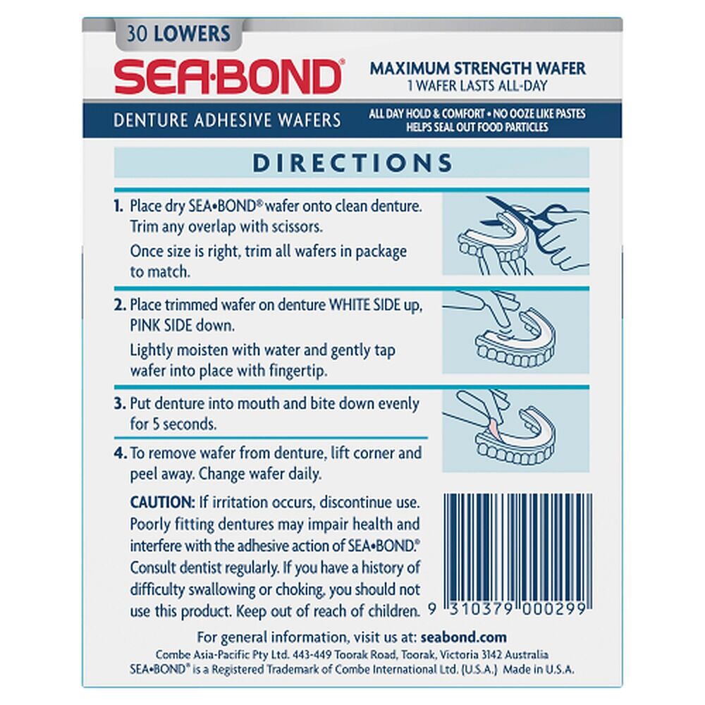 Sea Bond Original Lowers Denture Adhesive Wafers 30 Pack