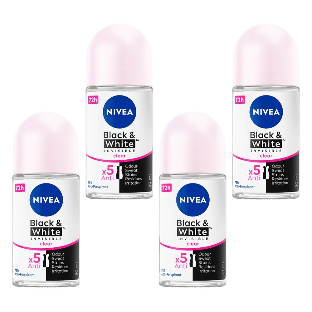 NIVEA Black & White Invisible Clear 72H Anti-Perspirant 50mL Pack of 4