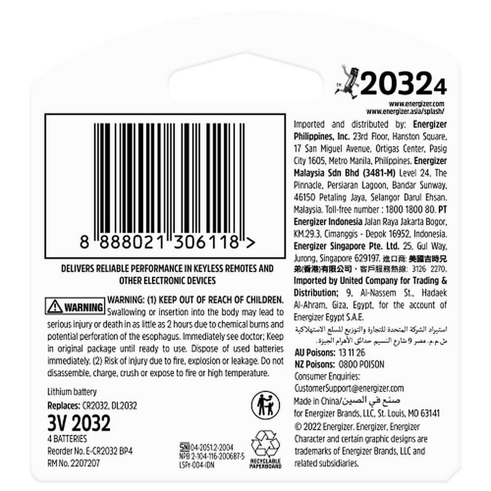 Energizer 2032 Lithium Coin Batteries 4 Pack