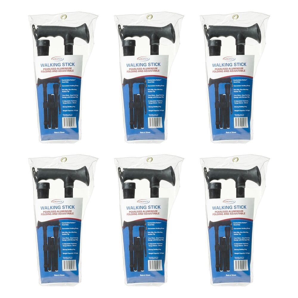 SurgiPack Aluminium Folding Walking Stick Black Pack of 6