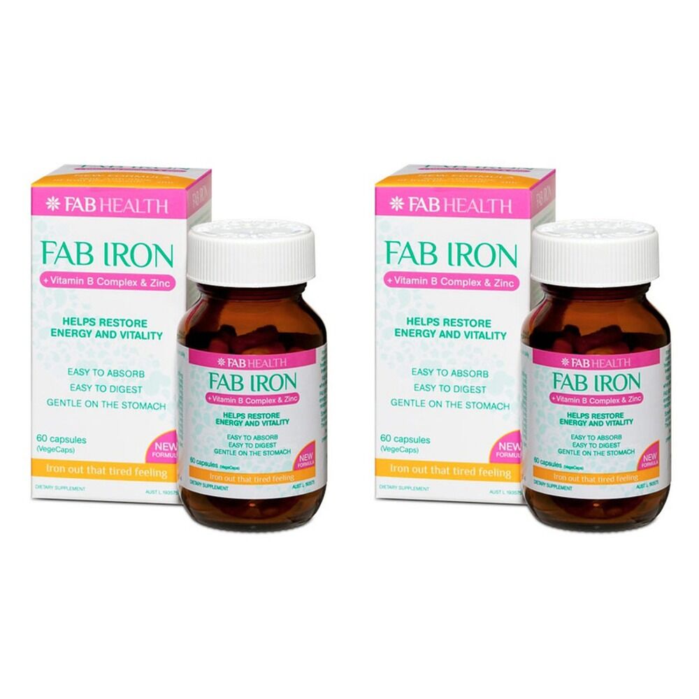 FAB Iron + Vitamin B Complex + Zinc 60 Capsules Pack of 2