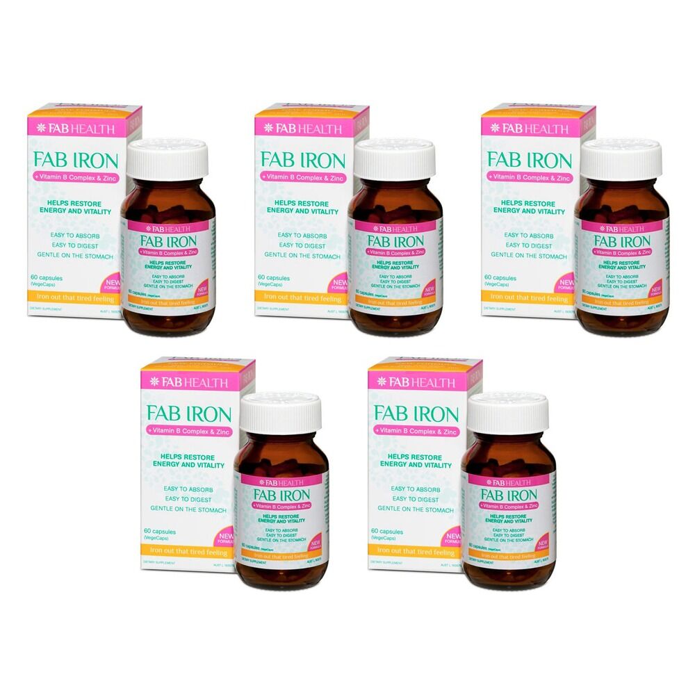 FAB Iron + Vitamin B Complex + Zinc 60 Capsules Pack of 5