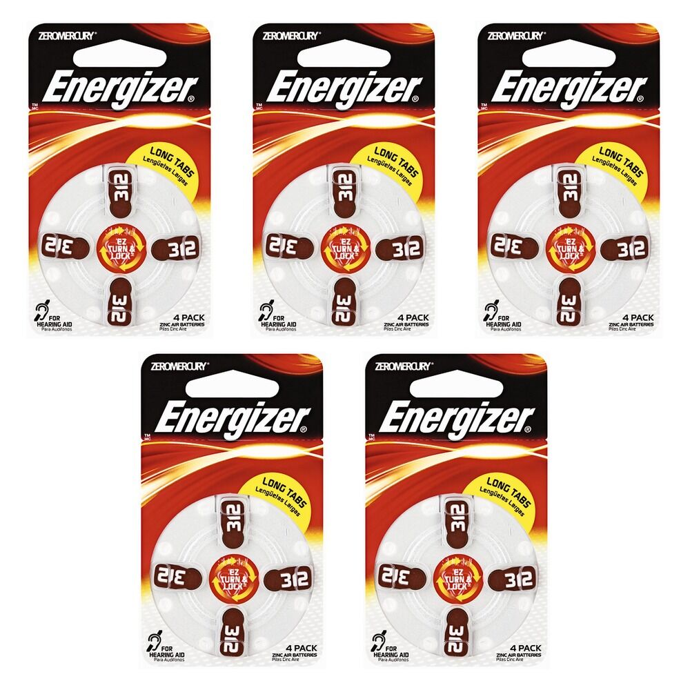 Energizer Hearing Aid Batteries AZ312 Turn & Lock 4 Pack Bundle of 5