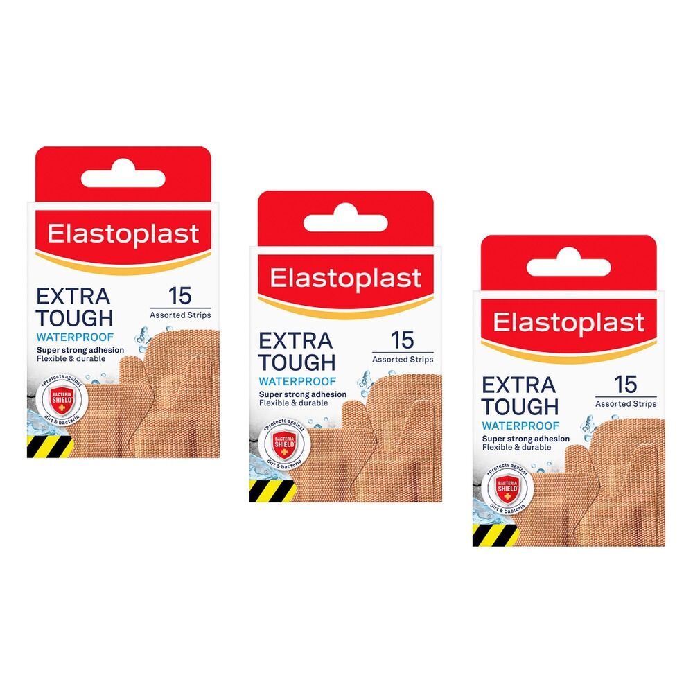 Elastoplast Extra Tough Waterproof Plasters Assorted 15 Pack Bundle of 3