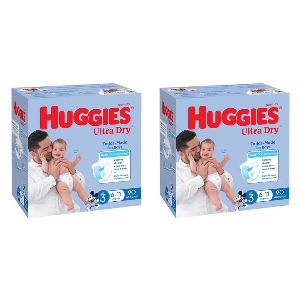 Huggies Jumbo UltraDry Nappies Crawler Boy 90 Pack Bundle of 2