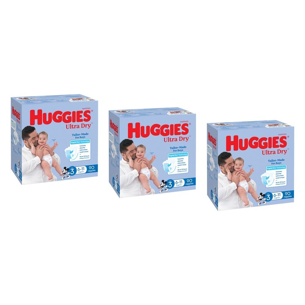 Huggies Jumbo UltraDry Nappies Crawler Boy 90 Pack Bundle of 3