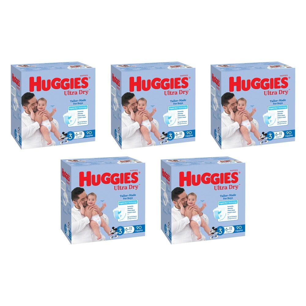 Huggies Jumbo UltraDry Nappies Crawler Boy 90 Pack Bundle of 5