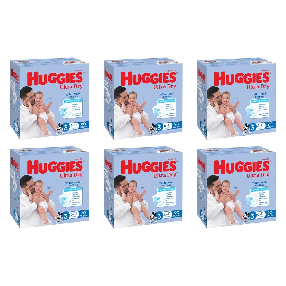 Huggies Jumbo UltraDry Nappies Crawler Boy 90 Pack Bundle of 6
