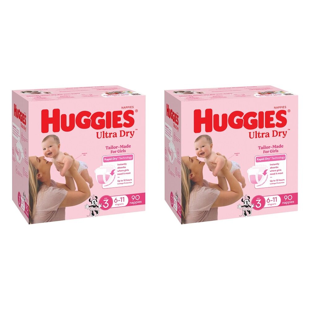 Huggies Jumbo UltraDry Nappies Crawler Girl 90 Pack Bundle of 2