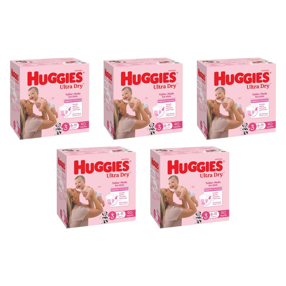 Huggies Jumbo UltraDry Nappies Crawler Girl 90 Pack Bundle of 5