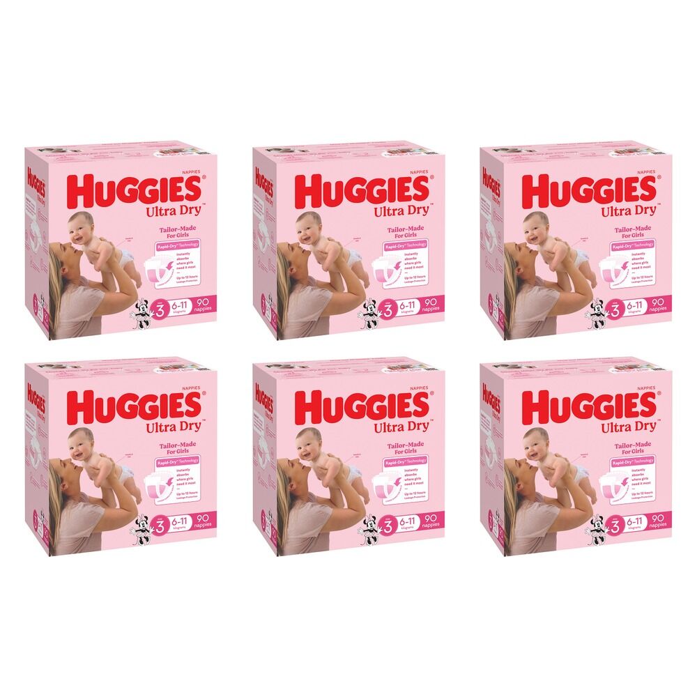 Huggies Jumbo UltraDry Nappies Crawler Girl 90 Pack Bundle of 6