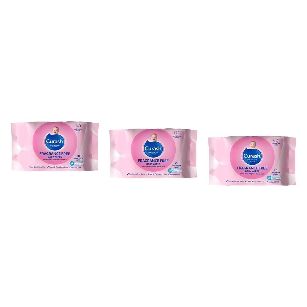 Curash Fragrance Free Baby Wipes, Travel Pack, 20 Wipes Bundle of 3