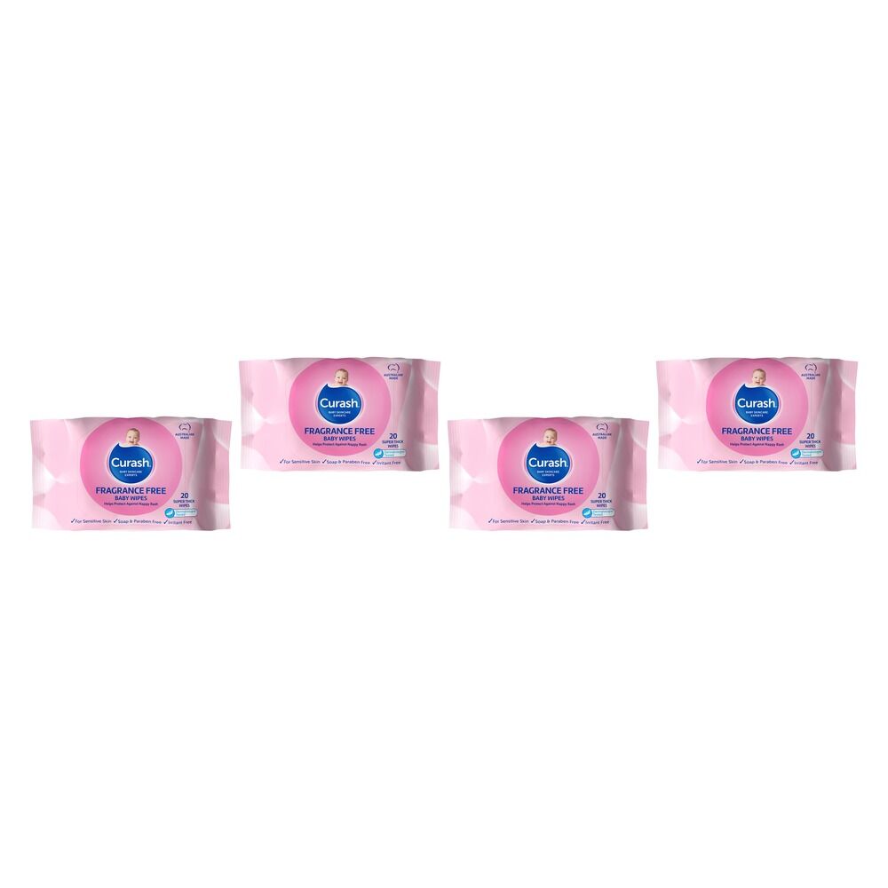 Curash Fragrance Free Baby Wipes, Travel Pack, 20 Wipes Bundle of 4