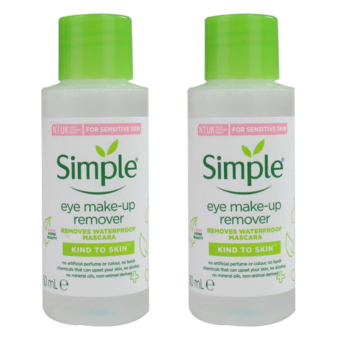 Simple Eye Makeup Remover 2 x 50ml Travel Size Oil Free for Sensitive Skin