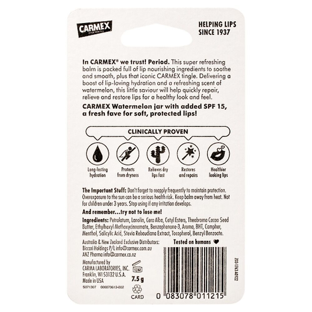Carmex Watermelon Moisturising Lip Balm SPF15 7.5g x 12