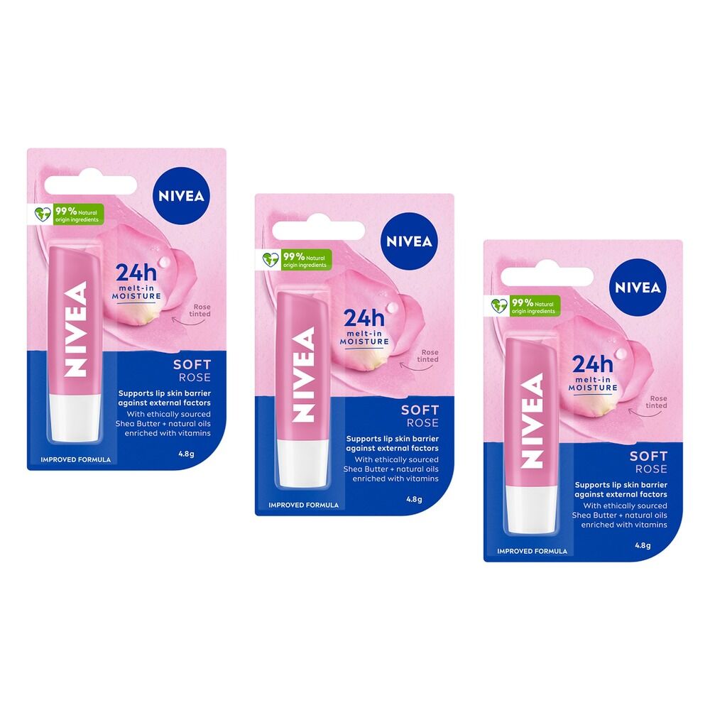NIVEA 24H Melt-In Moisture Soft Rose Lip Balm 4.8g Pack of 3