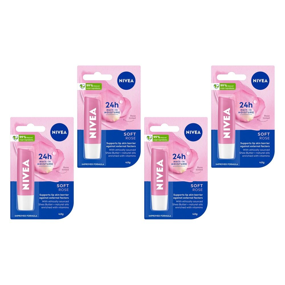 NIVEA 24H Melt-In Moisture Soft Rose Lip Balm 4.8g Pack of 4