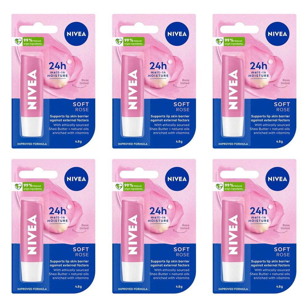 NIVEA 24H Melt-In Moisture Soft Rose Lip Balm 4.8g Pack of 6