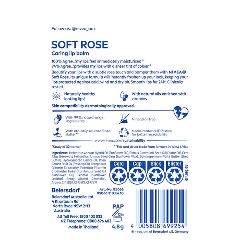 NIVEA 24H Melt-In Moisture Soft Rose Lip Balm 4.8g