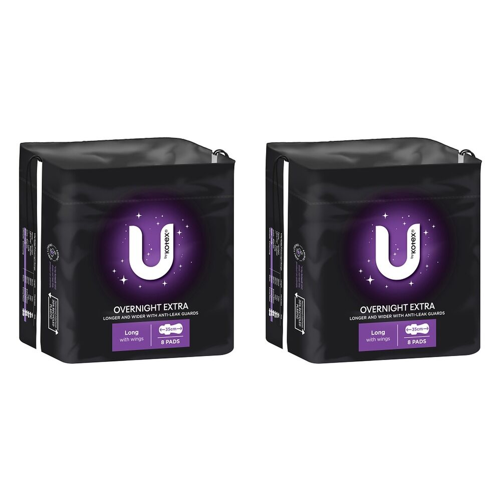 U By Kotex Overnight Extra Long Pads with Wings 8 Pack x 4 Bundle of 2