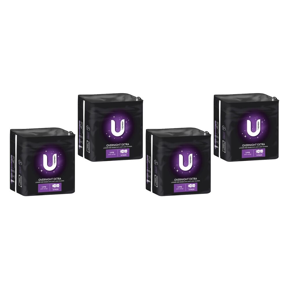 U By Kotex Overnight Extra Long Pads with Wings 8 Pack x 4 Bundle of 4