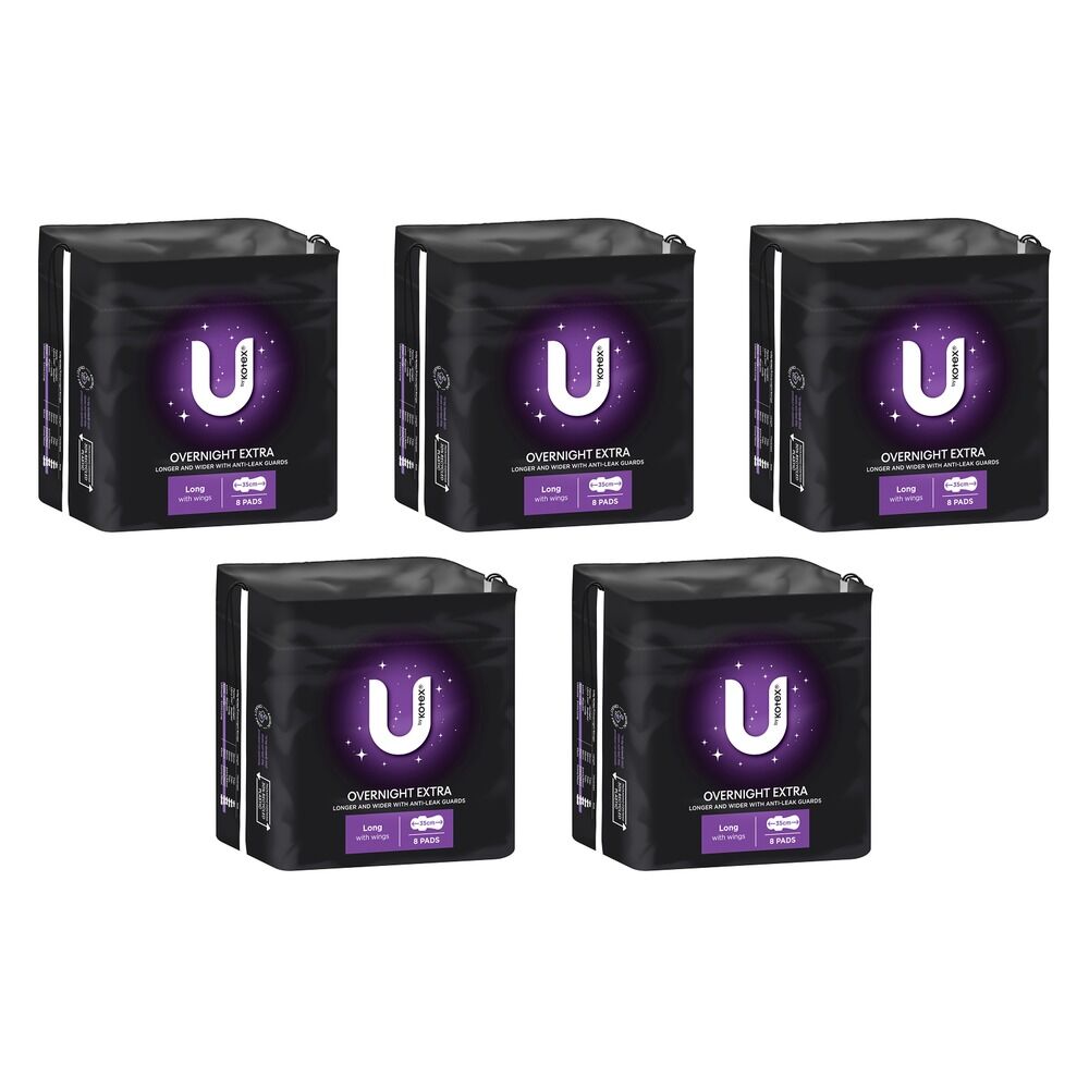 U By Kotex Overnight Extra Long Pads with Wings 8 Pack x 4 Bundle of 5