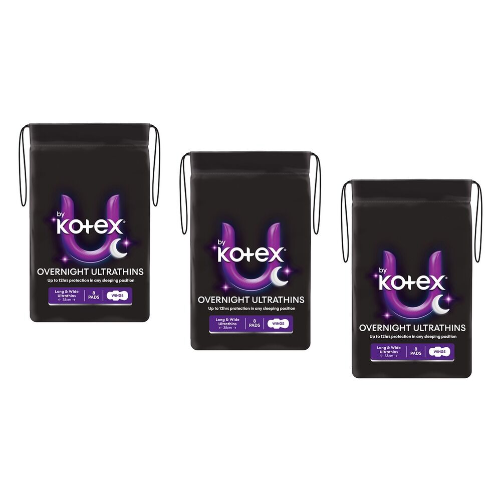 U By Kotex Overnight Ultrathin Long Pads with Wings 8 Pack x 4 Bundle of 3