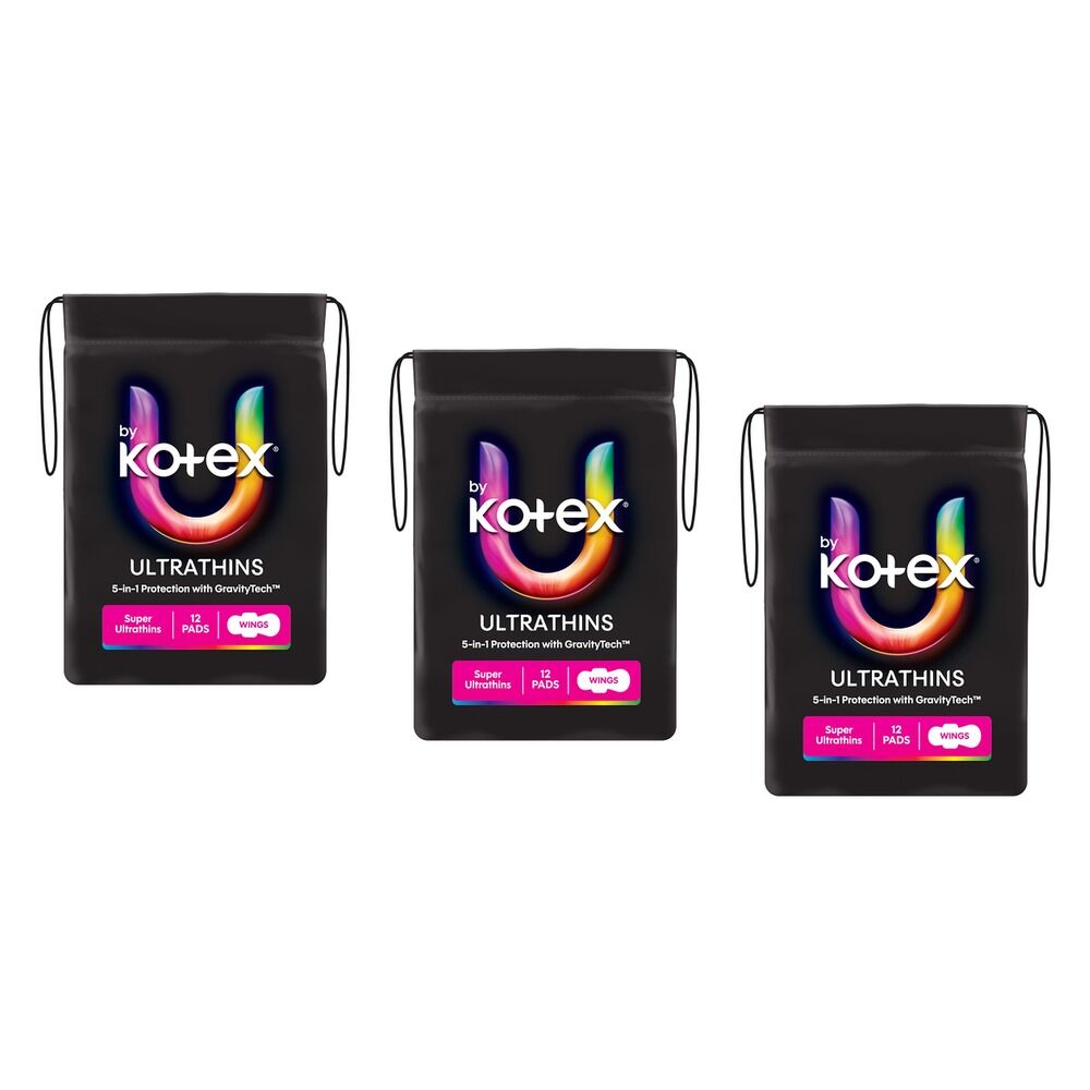 U By Kotex Super Ultrathin Pads 12 Pack x 6 Bundle of 3