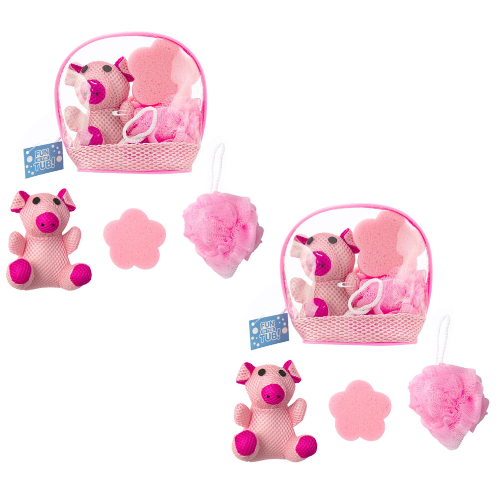 Pig Bath Gift Set x2 Mesh Plush Sponge and Loofah Exfoliating Set