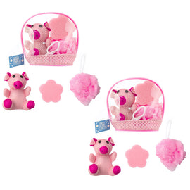 Pig Bath Gift Set x2 Mesh Plush Sponge and Loofah Exfoliating Set