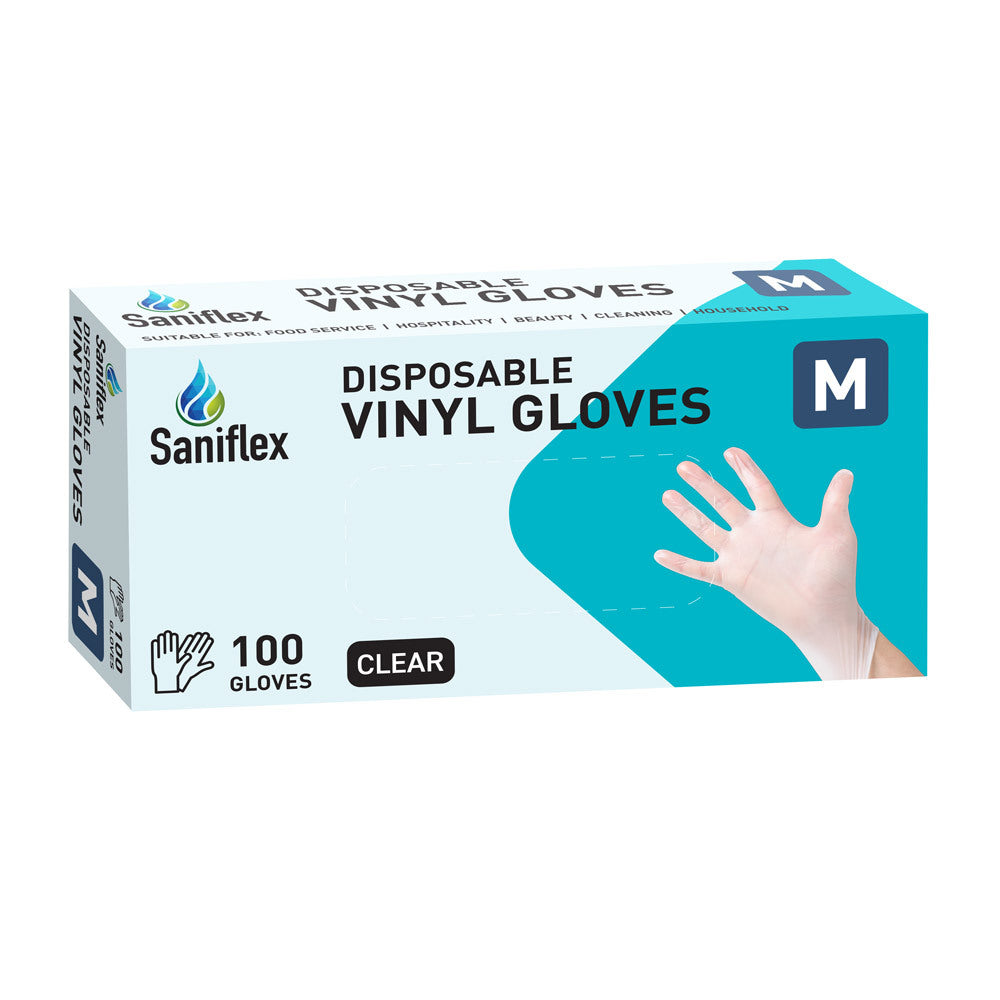 Saniflex Vinyl Gloves Powder Free Clear 100 Pack Medium Size Clear