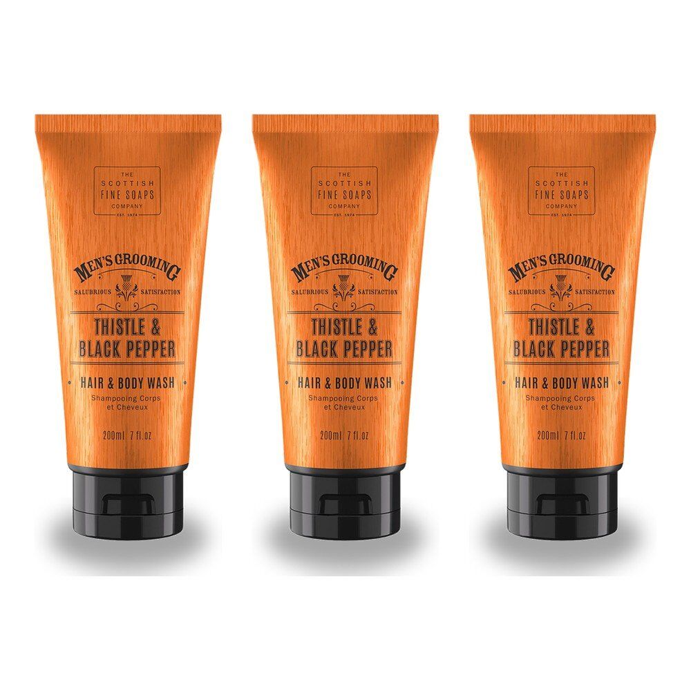Scottish Fine Soaps Men's Grooming Thistle & Black Pepper Hair & Body Wash 200mL Pack of 3