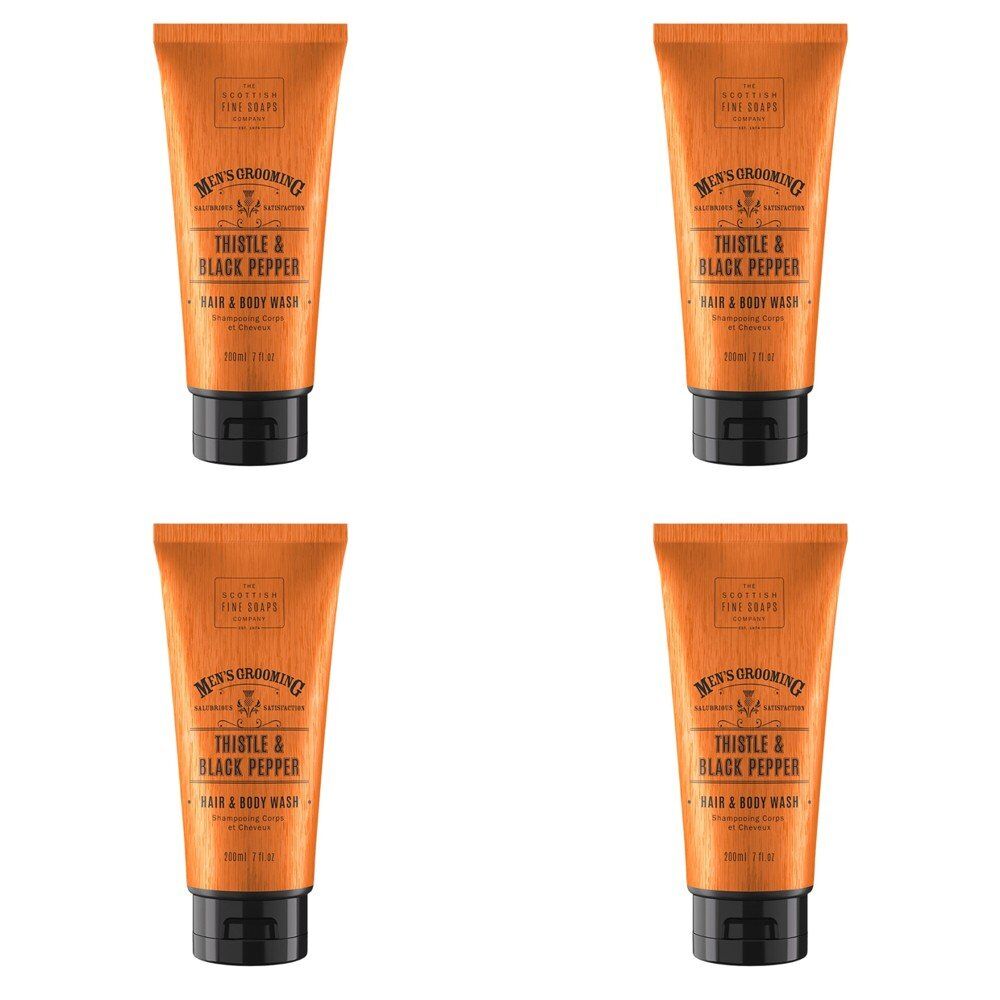 Scottish Fine Soaps Men's Grooming Thistle & Black Pepper Hair & Body Wash 200mL Pack of 4