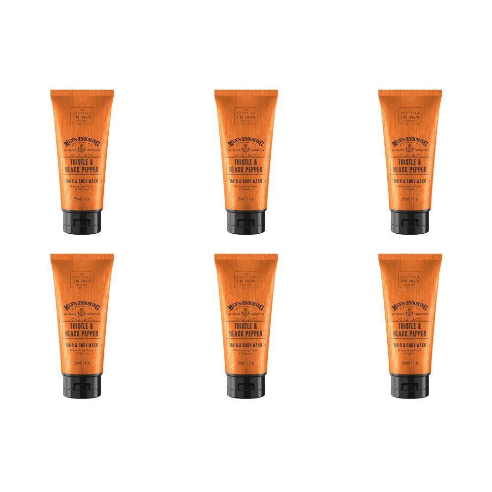 Scottish Fine Soaps Men's Grooming Thistle & Black Pepper Hair & Body Wash 200mL Pack of 6