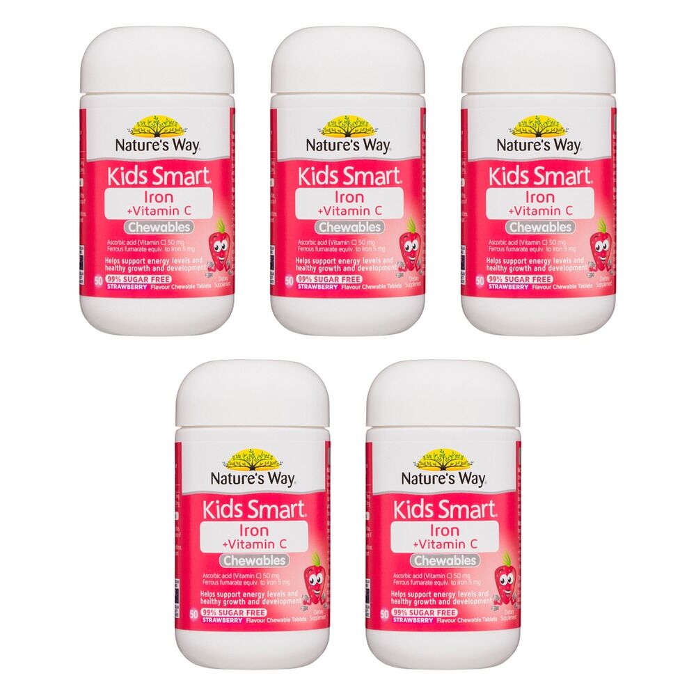 Nature's Way Kids Smart Iron + Vitamin C Strawberry 50 Chewable Bundle of 5
