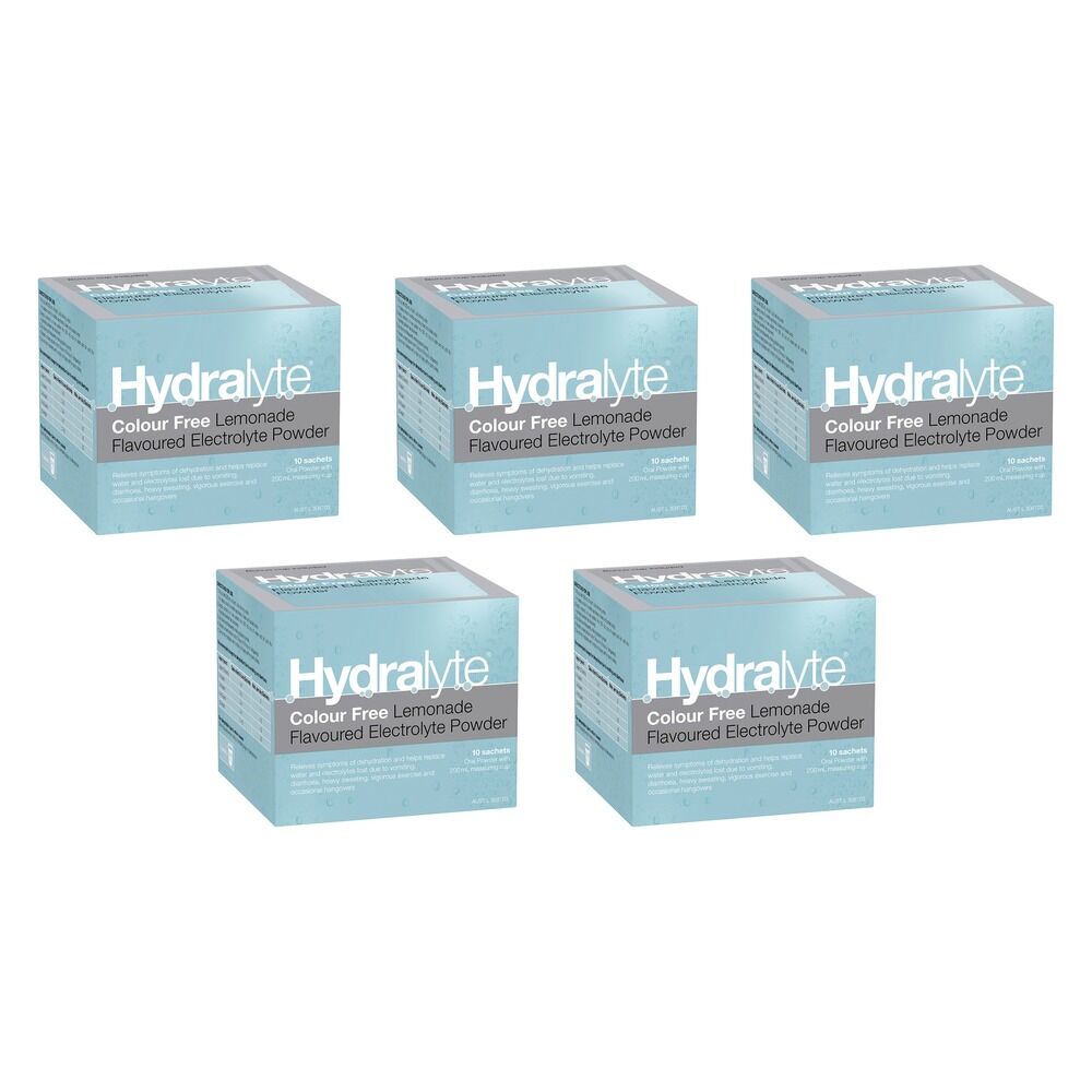 Hydralyte Colour Free Lemonade Flavoured Electrolyte Powder 10 Pack Bundle of 5