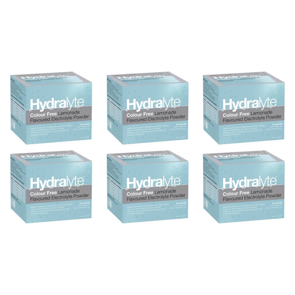Hydralyte Colour Free Lemonade Flavoured Electrolyte Powder 10 Pack Bundle of 6