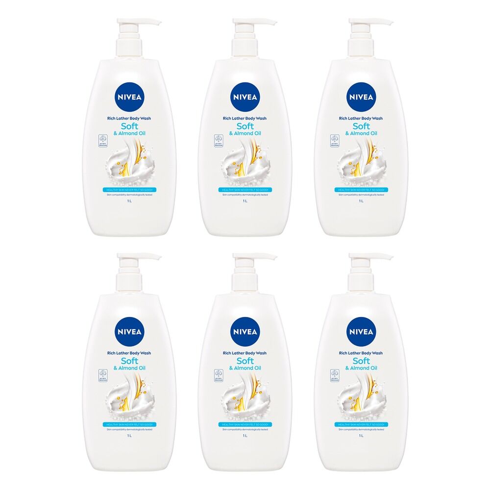 NIVEA Rich Lather Body Wash Soft & Almond Oil 1L Pack of 6