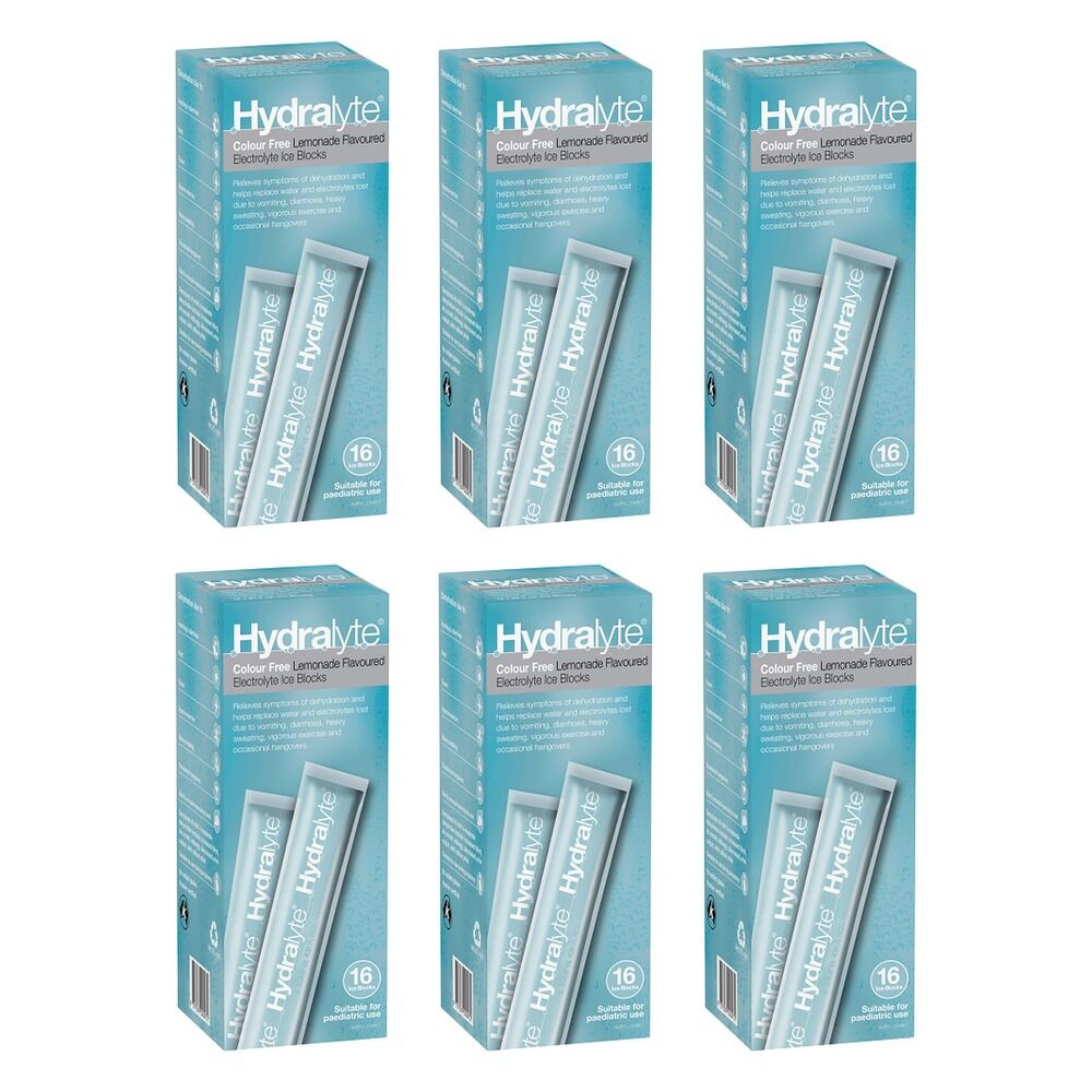 Hydralyte Colour Free Lemonade Flavoured Electrolyte Ice Blocks 16 Bundle of 6