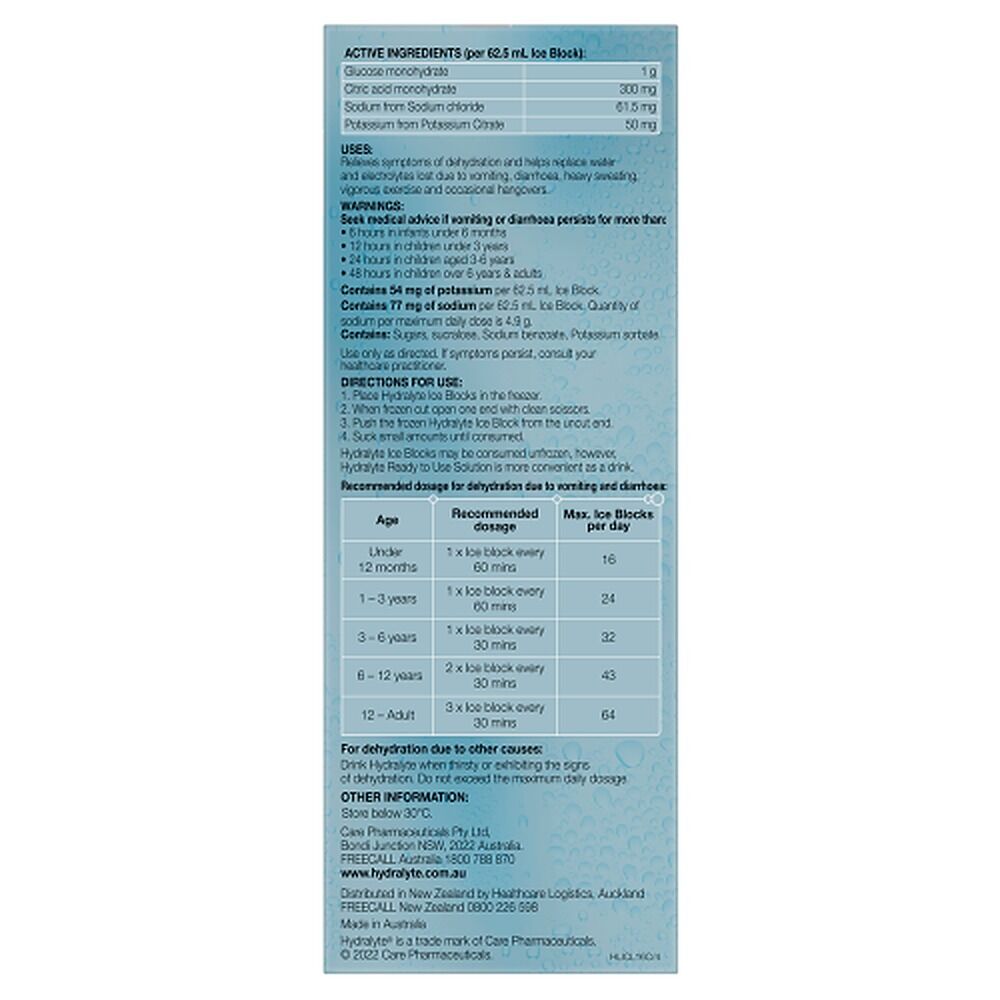 Hydralyte Colour Free Lemonade Flavoured Electrolyte Ice Blocks 16 Pack