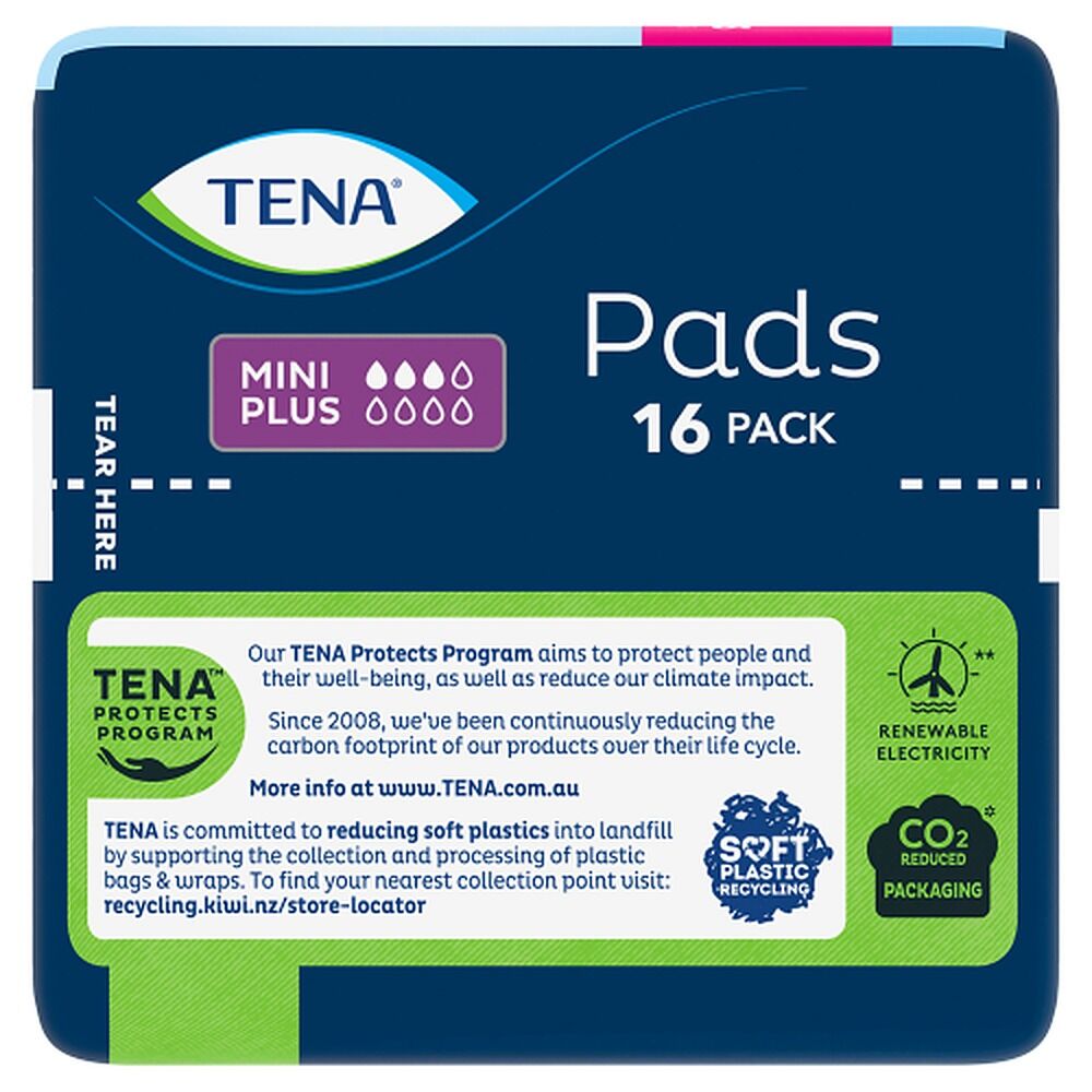 Tena Mini Plus Long Length Pads 12 Pack x 6