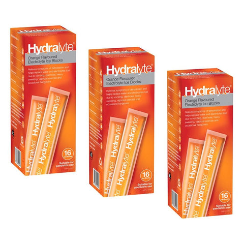 Hydralyte Orange Flavoured Electrolyte Ice Blocks 16 Pack Bundle of 3
