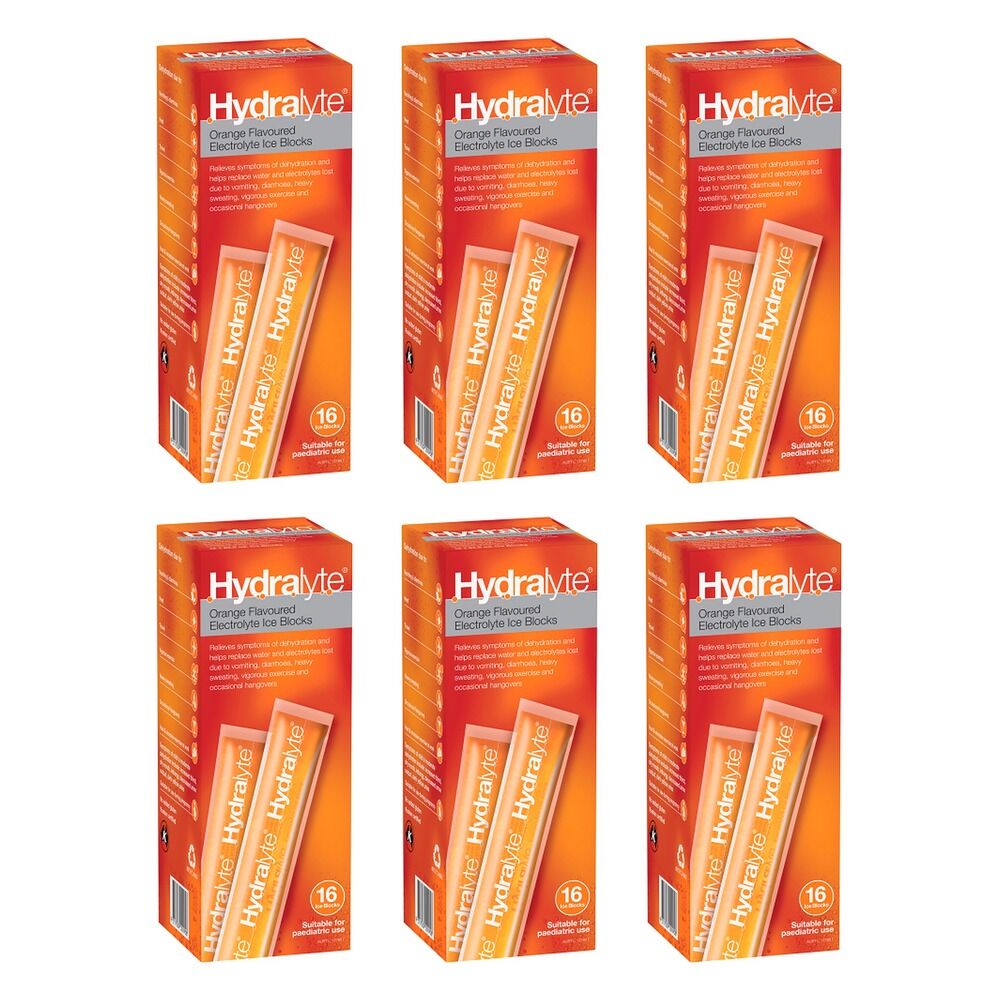 Hydralyte Orange Flavoured Electrolyte Ice Blocks 16 Pack Bundle of 6